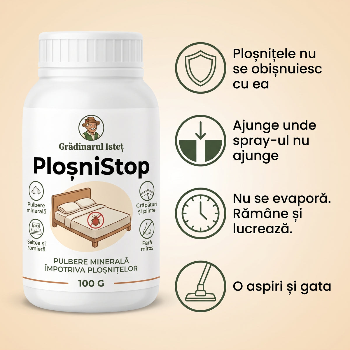 PloșniStop™ – Pulbere Minerală Anti-Ploșnițe pentru Saltea, Somieră și Plinte