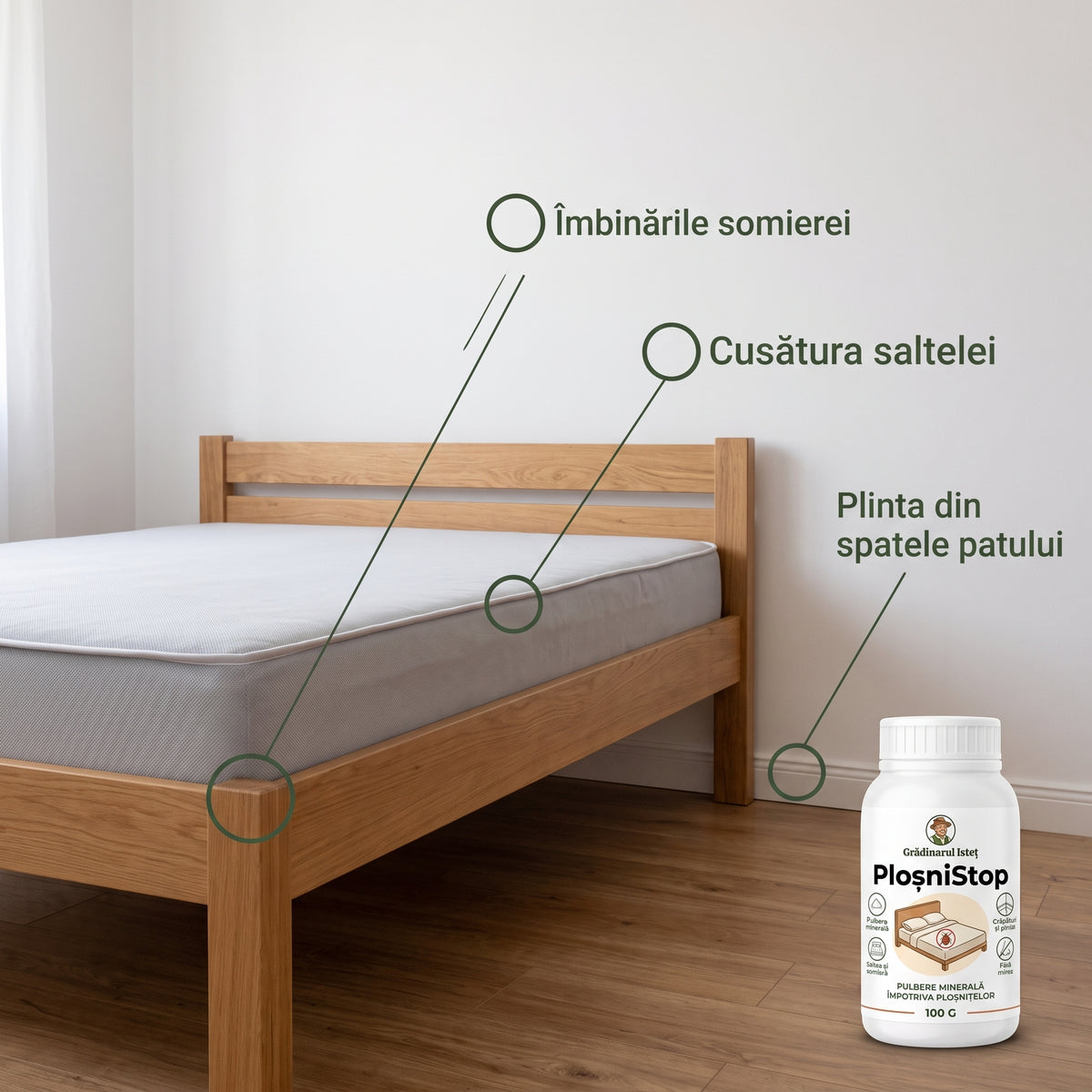 PloșniStop™ – Pulbere Minerală Anti-Ploșnițe pentru Saltea, Somieră și Plinte