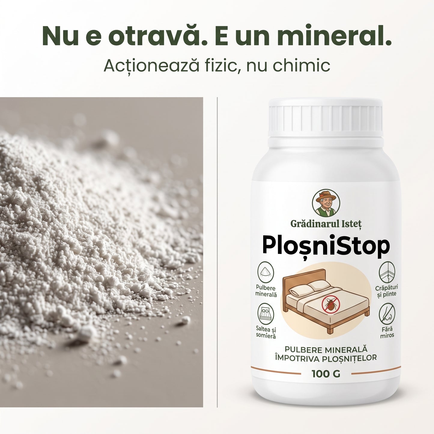 PloșniStop™ – Pulbere Minerală Anti-Ploșnițe pentru Saltea, Somieră și Plinte