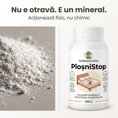 PloșniStop™ – Pulbere Minerală Anti-Ploșnițe pentru Saltea, Somieră și Plinte