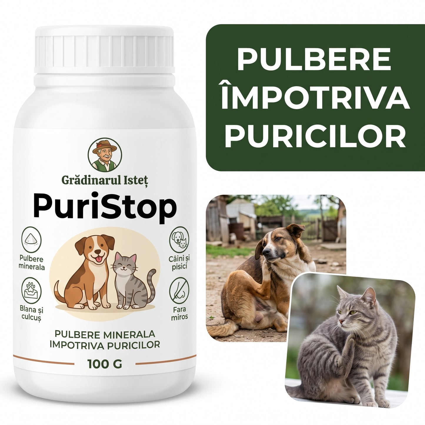 PuriStop™ – Pulbere Împotriva Puricilor pentru Câini și Pisici, minerală și fără miros